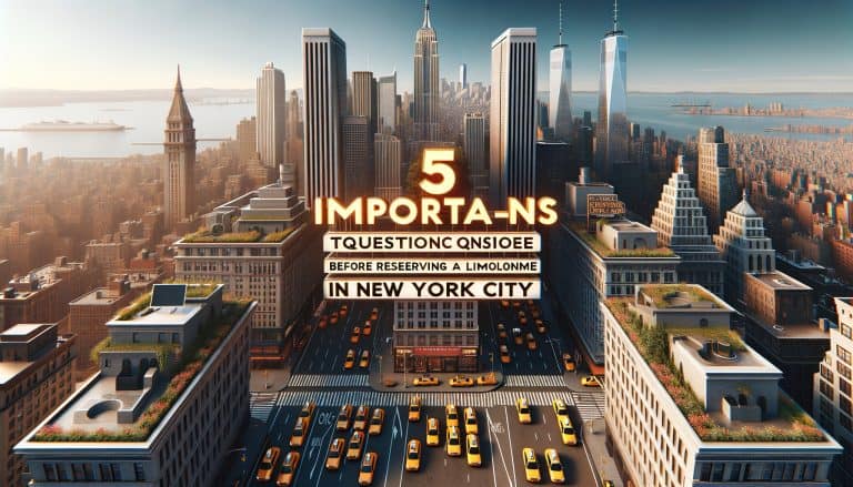 New York City skyline with taxis and limousine tips text