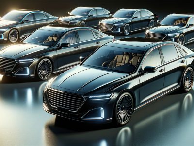 Five black luxury sedans in studio lighting