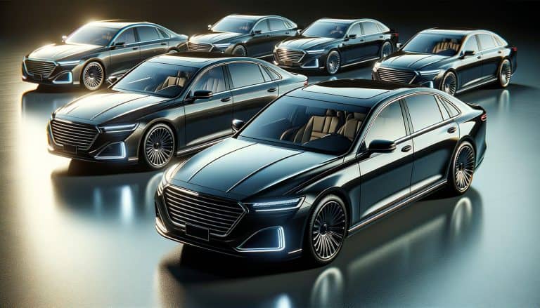 Five black luxury sedans in studio lighting