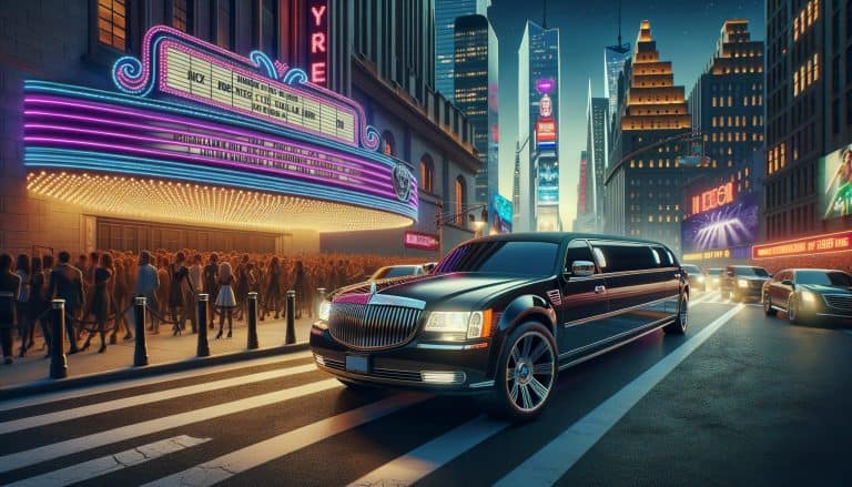 Black stretch limousine outside neon-lit city theater