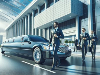 Businessmen exiting limousine outside modern conference center