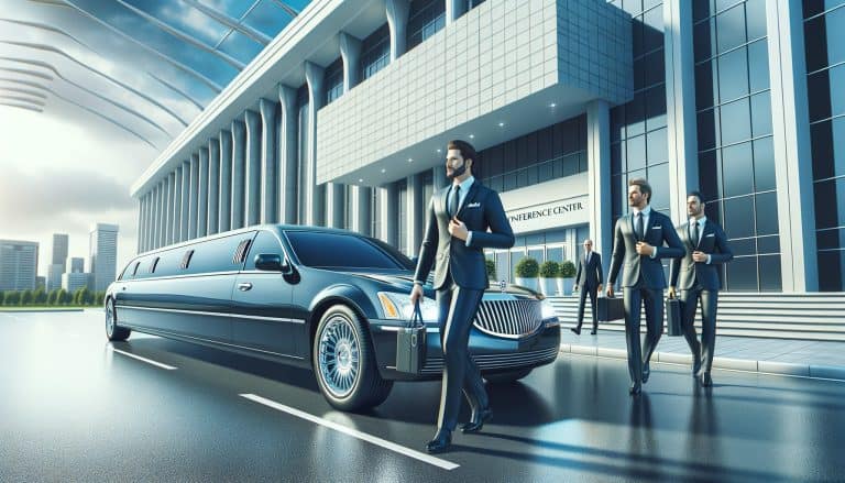 Businessmen exiting limousine outside modern conference center