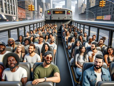 Crowded city bus with diverse passengers inside