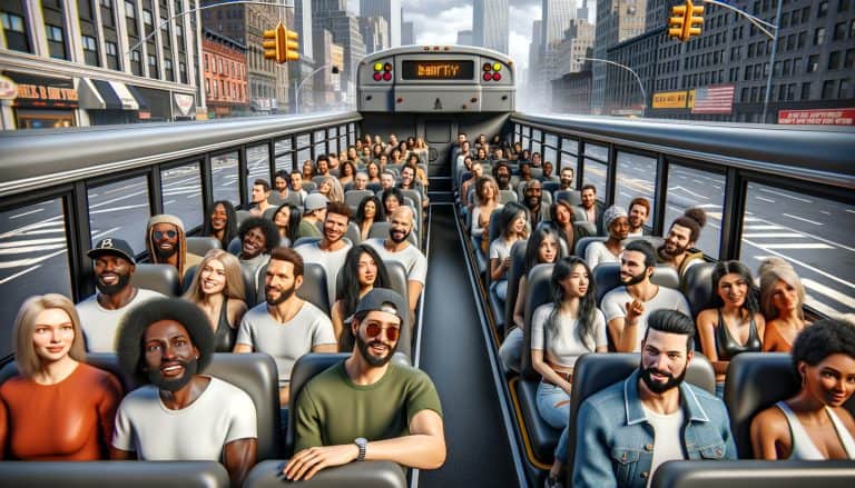 Crowded city bus with diverse passengers inside
