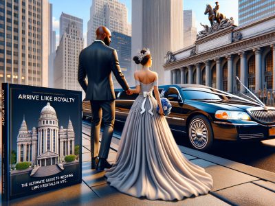 Bride and groom beside limousine in NYC