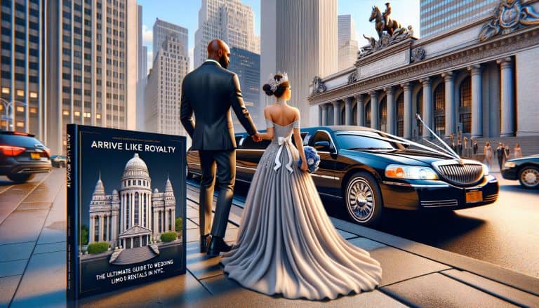 Bride and groom beside limousine in NYC