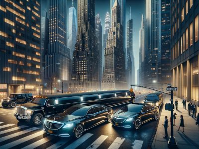Luxury limousines and SUVs in downtown city at night