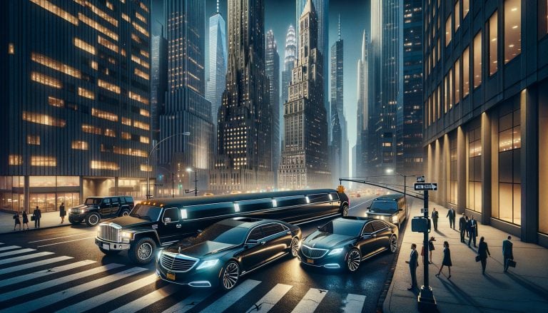 Luxury limousines and SUVs in downtown city at night