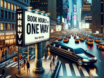 Limousine in busy New York City street at night