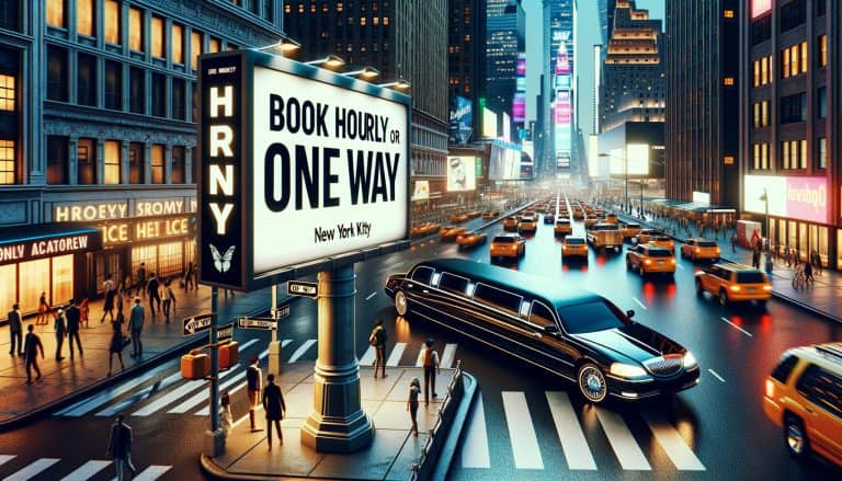 Limousine in busy New York City street at night