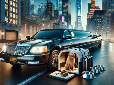 Stretch limousine with golden retriever in luxury crate