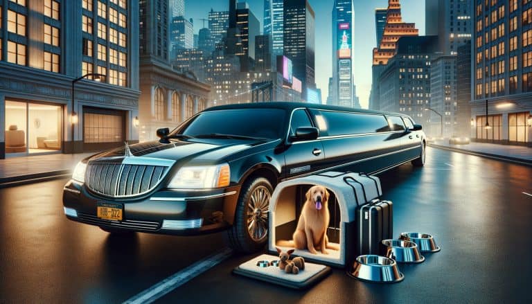 Stretch limousine with golden retriever in luxury crate