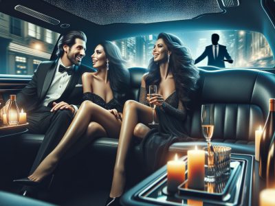 Well-dressed couple and woman in luxury limousine at night