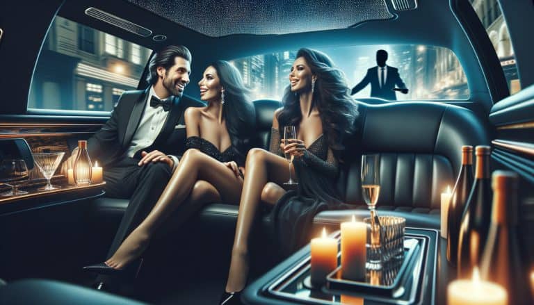 Well-dressed couple and woman in luxury limousine at night