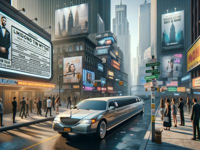 Luxury limousine on busy city street with billboards