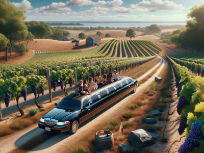 Limousine with passengers driving through vineyard rows