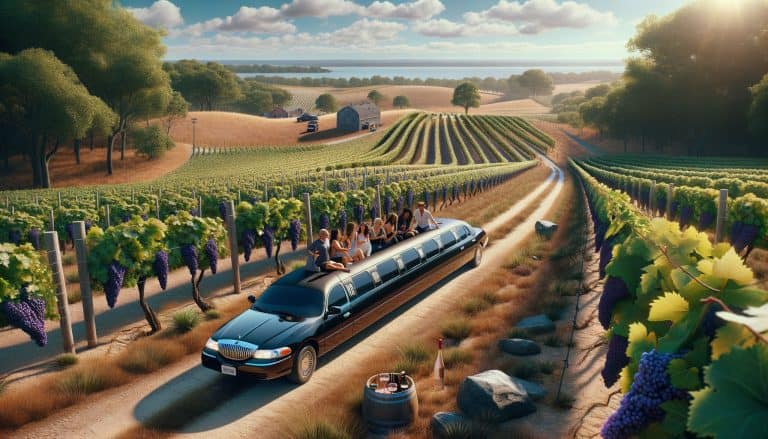 Limousine with passengers driving through vineyard rows