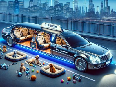 Luxury pet limousine with dogs and toys at night