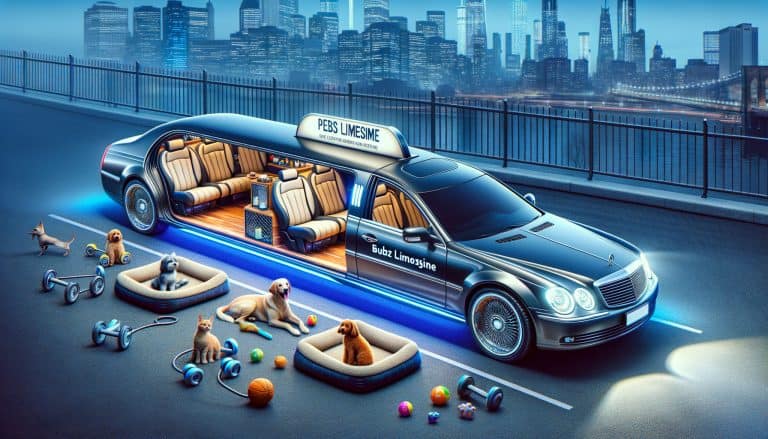 Luxury pet limousine with dogs and toys at night