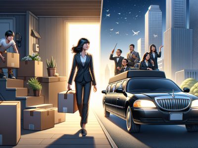 Woman leaving home and arriving in city limousine