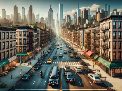 Busy New York City street with skyline and taxis