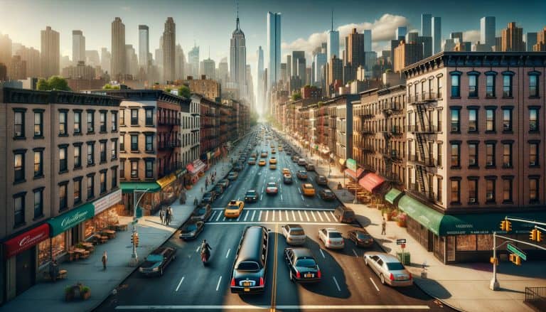 Busy New York City street with skyline and taxis