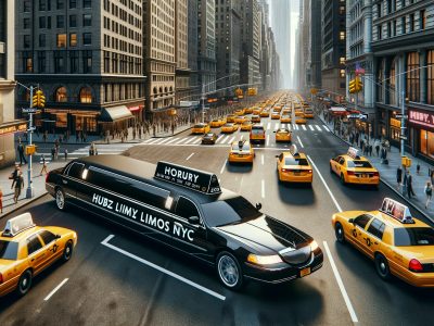 Black stretch limousine among yellow taxis in NYC