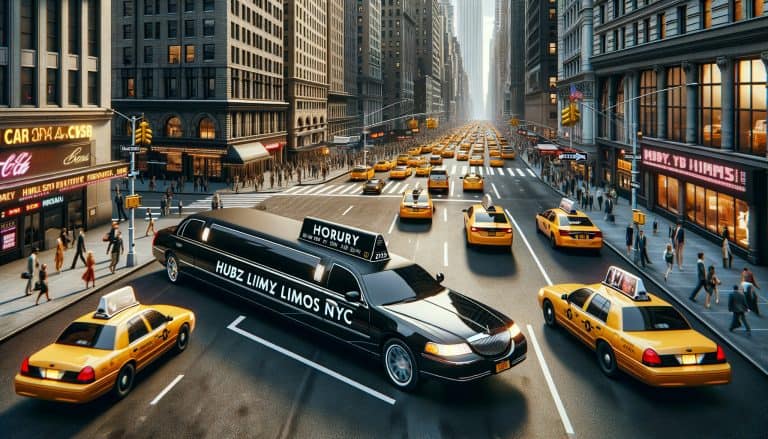 Black stretch limousine among yellow taxis in NYC