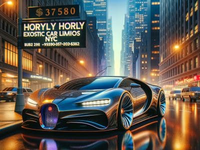 Futuristic luxury sports car on rainy NYC street