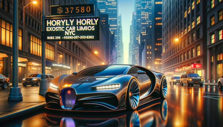Futuristic luxury sports car on rainy NYC street
