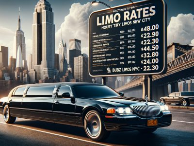 Black stretch limousine near NYC skyline and rates billboard