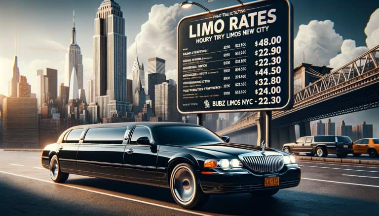 Black stretch limousine near NYC skyline and rates billboard