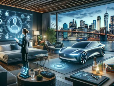 Futuristic apartment with electric car and city skyline