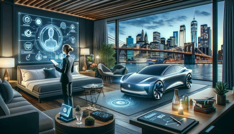 Futuristic apartment with electric car and city skyline