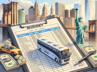 New York budget with bus, taxi, skyline