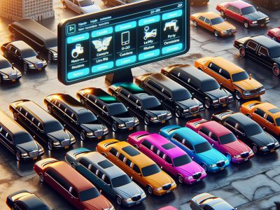 Colorful limousines parked beneath digital booking billboard