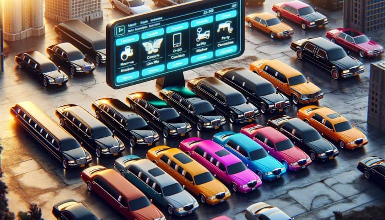Colorful limousines parked beneath digital booking billboard