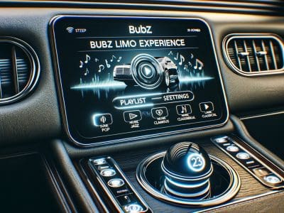 Luxury car touchscreen displaying limo music interface