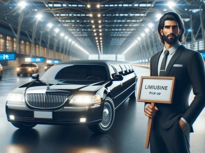Chauffeur holding limousine pickup sign at airport