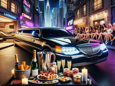 Luxury limousine outside neon-lit nightclub with champagne table
