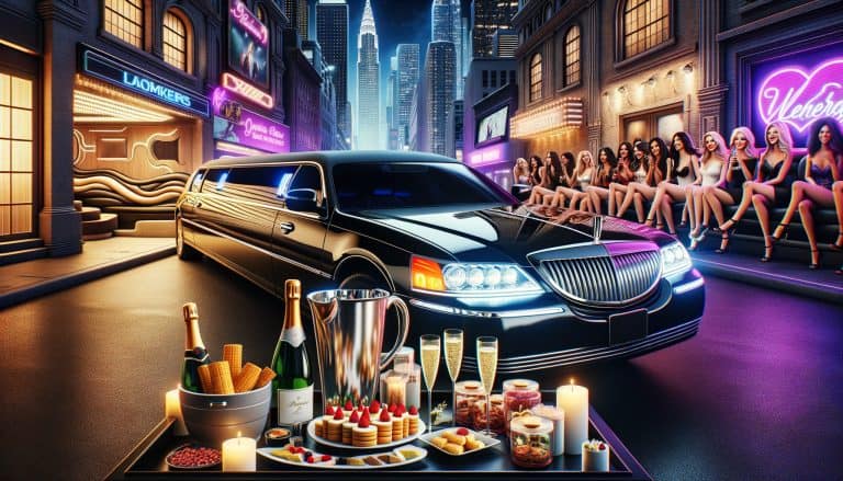 Luxury limousine outside neon-lit nightclub with champagne table