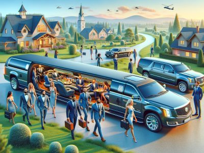 Luxury stretch limousine with executives in suburban neighborhood