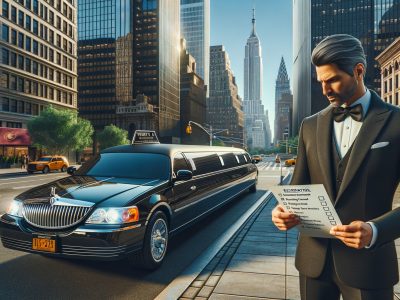 Man in tuxedo beside limousine in New York