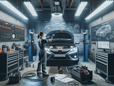 Mechanic inspecting car engine in modern garage workshop