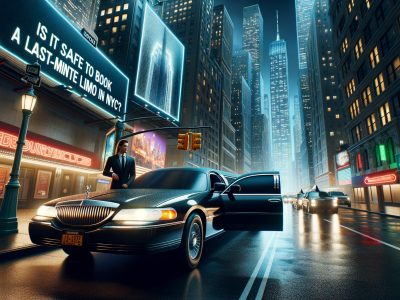 Chauffeur beside black limousine in rainy NYC night