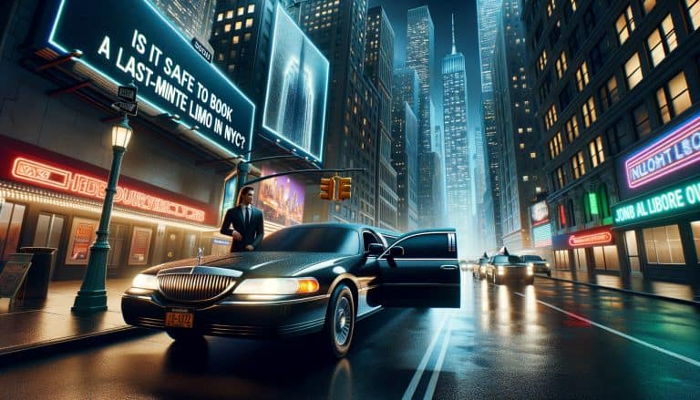 Chauffeur beside black limousine in rainy NYC night