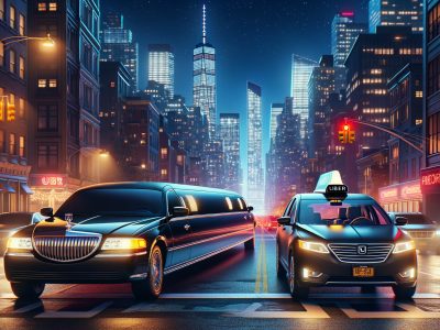 Limousine and Uber car in city at night