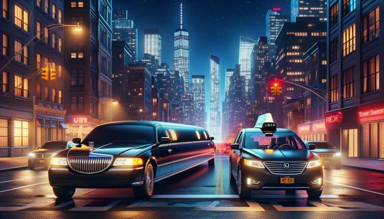 Limousine and Uber car in city at night