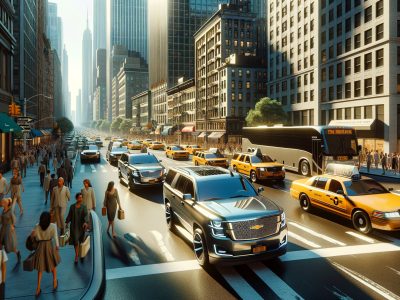 Busy Manhattan street with taxis and pedestrians