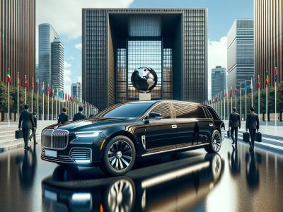 Luxury limousine outside international headquarters with global flags